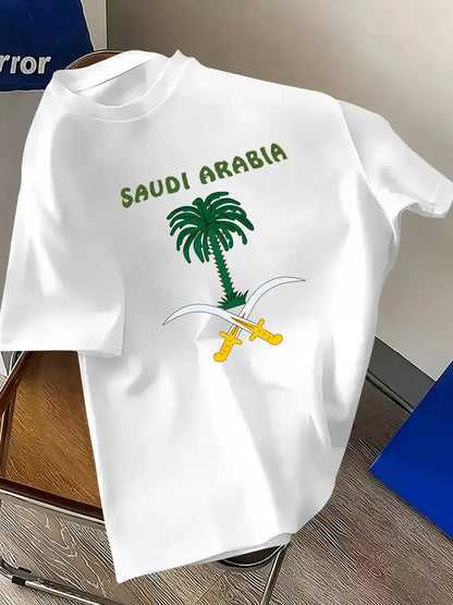 Men's Casual Saudi Arabia Graphic T-Shirt - Breathable Micro-Stretch Polyester, Red with Green & Golden Design, Perfect for Summer Outdoor Lounging