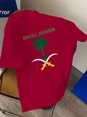 Men's Casual Saudi Arabia Graphic T-Shirt - Breathable Micro-Stretch Polyester, Red with Green & Golden Design, Perfect for Summer Outdoor Lounging