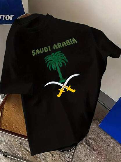 Men's Casual Saudi Arabia Graphic T-Shirt - Breathable Micro-Stretch Polyester, Red with Green & Golden Design, Perfect for Summer Outdoor Lounging